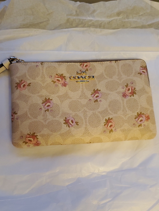 Coach Handbags - Large Coach Beige Floral Signature Zip Wristlet with Pink Rose Accents NWT